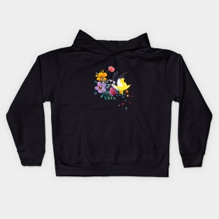 yellow bird and colorful flowers abstract art Kids Hoodie